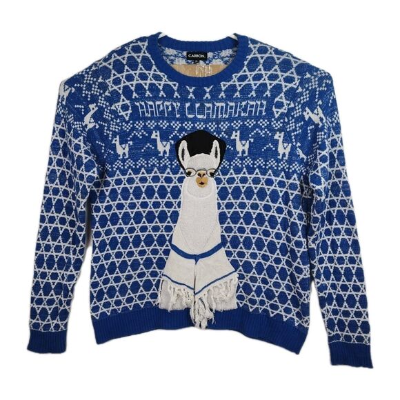 Carbon Happy Llamakah Sweater Men's XL Blue Nordic Hanukkah Llama Pullover - Picture 1 of 11